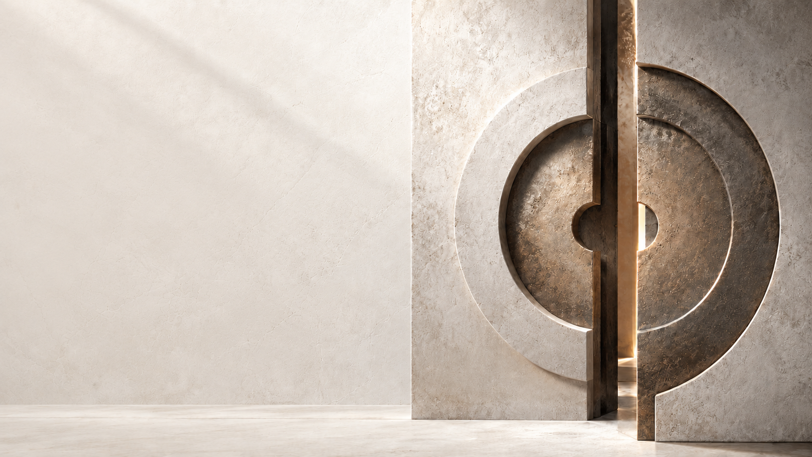 A continuous pale stone wall and floor, with circular stone and copper doors opening onto a soft golden light.