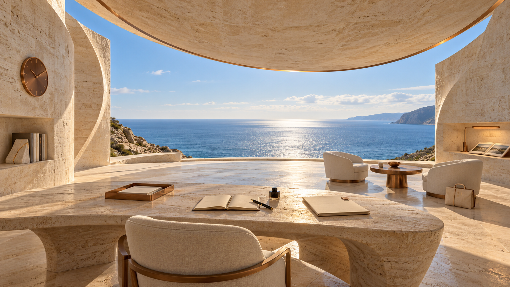 A sculptural limestone writing desk beneath a circular canopy, overlooking the open blue ocean.