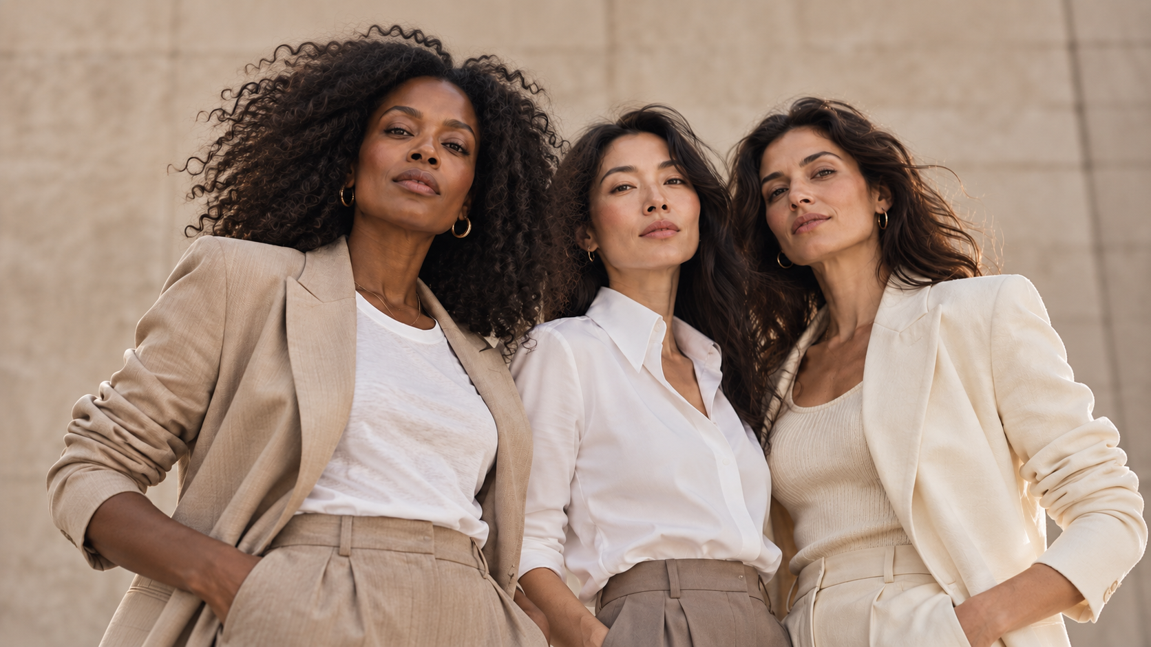 Three confident women in ivory and beige, photographed against a softly lit stone background.