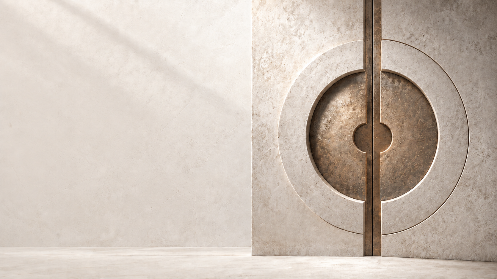 A continuous pale stone wall and floor, with monumental circular stone and copper doors fully closed.